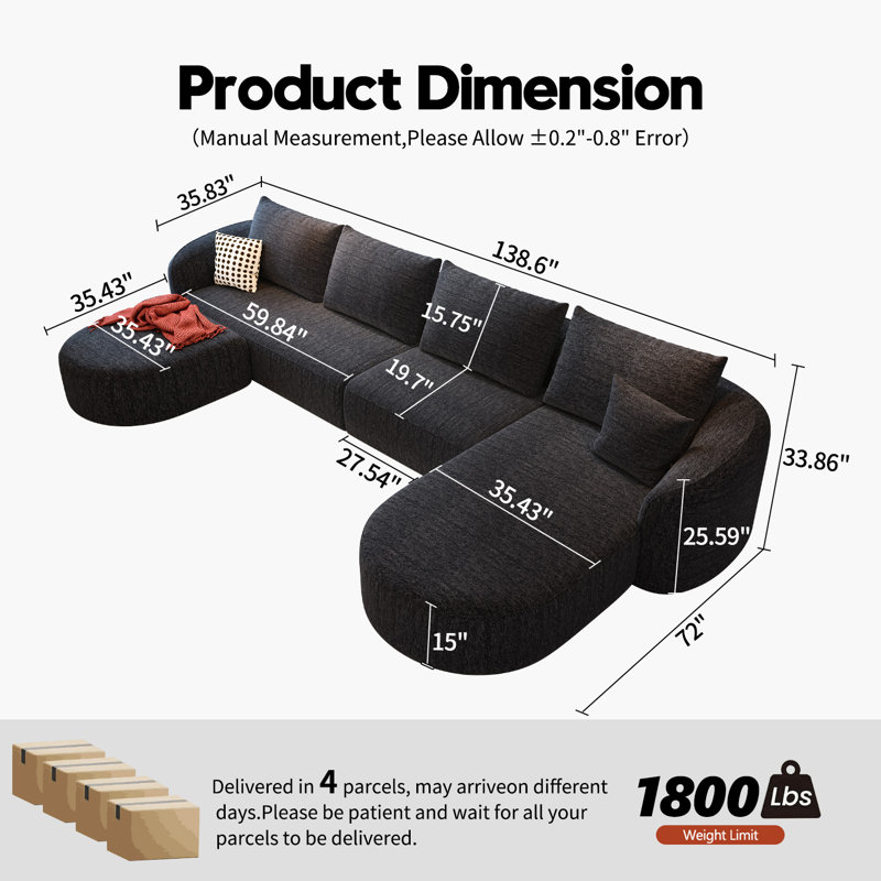 Ensemble de canapé modulaire Boneless, H 33,86 po x l 138,6 po x P 72 po, Orienté à droite, Noir