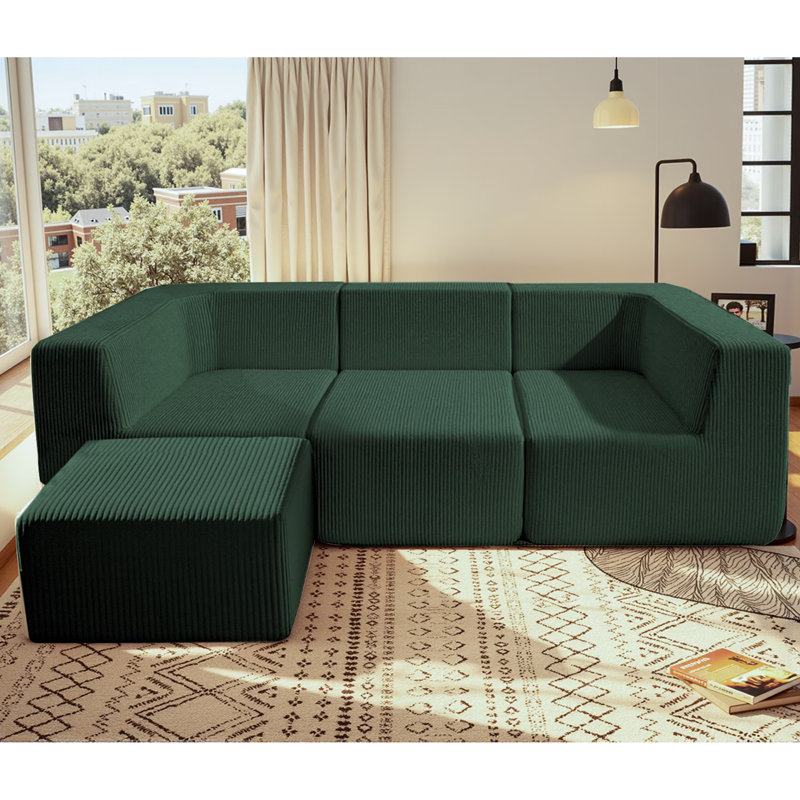 Canapé modulaire d'intérieur avec méridienne en L en velours côtelé pour salon, sans assemblage requis, vert
