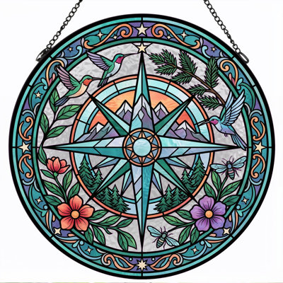 Compass Rose Stained Glass Window Panel，12"H