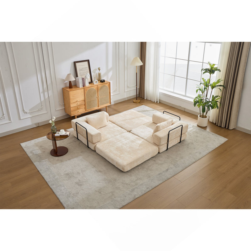 Canapé à compression, canapé-lit à plancher convertible à structure fixe, canapé modulaire sans os sans causeuse, sans assemblage requis, tissu chenille, pour chambre à coucher de salon, beige
