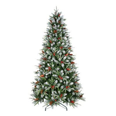 Arbre de Noël 9 pi avec 3750 pointes - branches en PE + PVC enneigées, baies rouges et pommes de pin, conception à charnières pour une installation facile, support en métal robuste - décoration de Noël naturelle