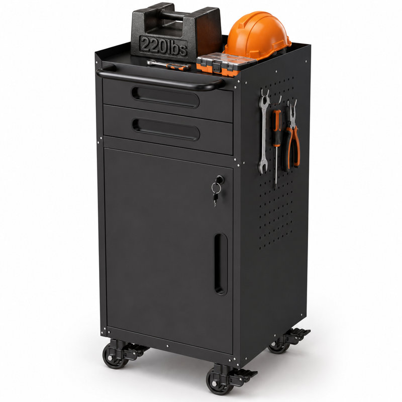 34.3" Slim Rolling Metal Storage Cabinet with 2 Drawers & Lockable Door, Narrow Security Cabinet with Adjustable Shelf, Swivel Casters & Large Handle for Garage, Workshop & Tight Spaces, Black