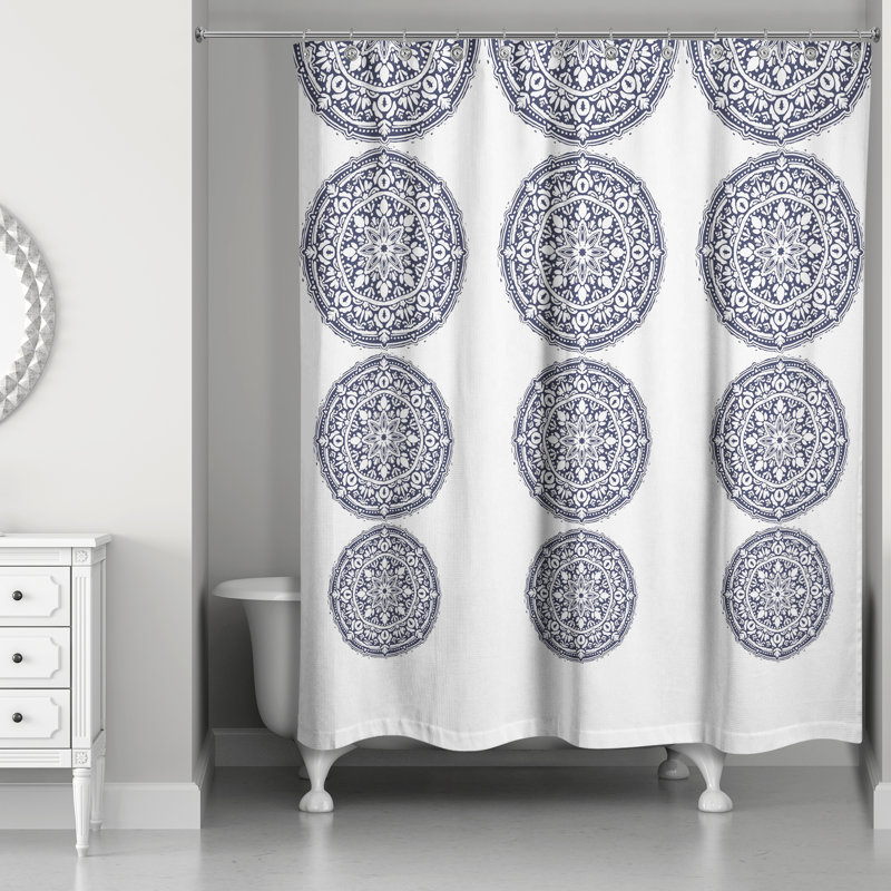  Rideau de douche simple géométrique + crochets, Bleu marine