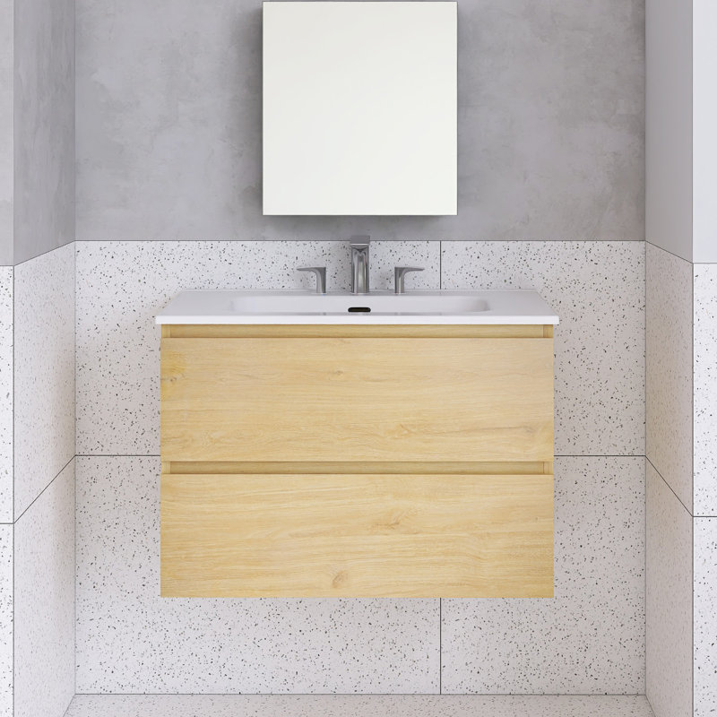Meuble-lavabo mural avec lavabo en céramique et trois trous de robinet, Jaune, 30"