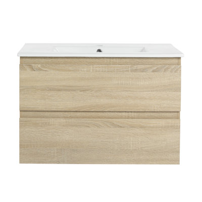 30" Modern Bathroom Vanity With Ceramic Sink & 2 Soft Close Drawers - Wall Mounted Oak Style Sink,