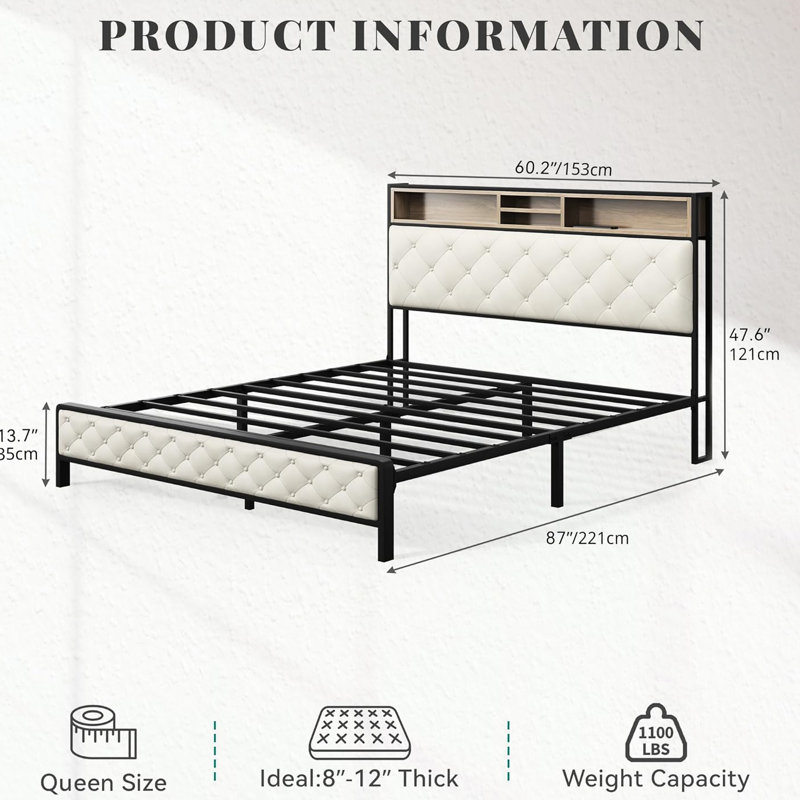 Base de lit pour grand lit avec tête de lit rembourrée et station de charge, lattes en métal doux et robustes, sans sommier tapissier, beige, support de lattes de plateforme confortables de conception rétro industrielle, ressort