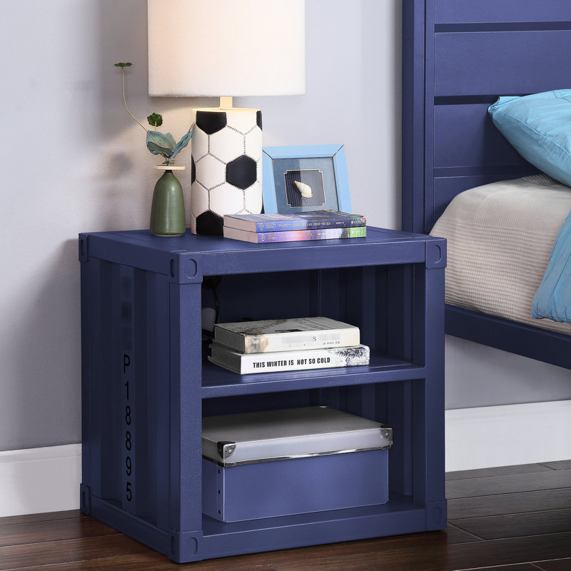 Table de chevet bleue en métal avec tablettes ouvertes