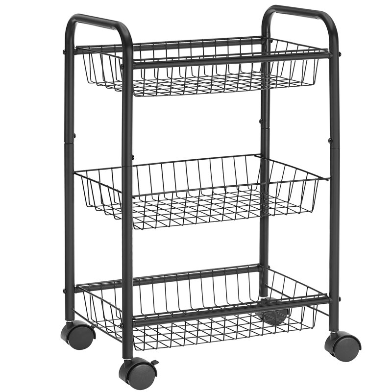 3-Tier Metal Rolling Cart On Wheels With Baskets, Lockable Utility Trolley With Handles For Kitchen Bathroom Closet, Storage With Removable Shelves, Black