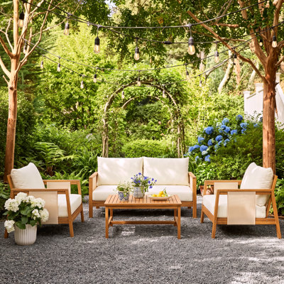 Calera  Modern Coastal Acacia Wood Outdoor Conversation Set With Water-Repellent Cushions