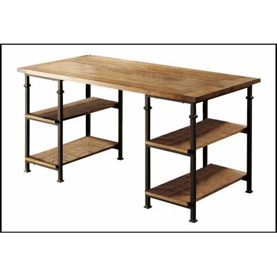 Vintage Industrial 1pc Writing Desk with 4 Open Shelves, Rustic Poplar Finish, Solid Wood and Metal, Modern Design Office Table