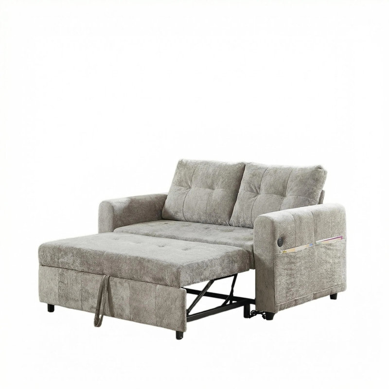 Canapé-lit convertible capitonné 3-en-1 avec 2 coussins lombaires, canapé-lit moderne en velours coulissant de 58 po avec dossier réglable et trois ports USB