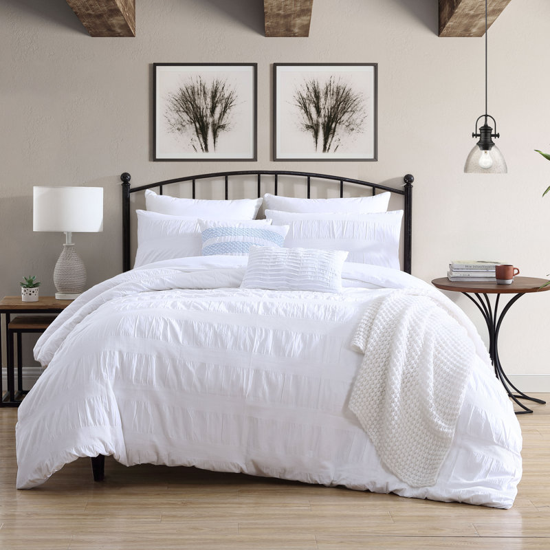 Ensemble de housse de couette 100% coton Moselle Moselle, Housse de couette simple + 1 taie décorative, Blanc