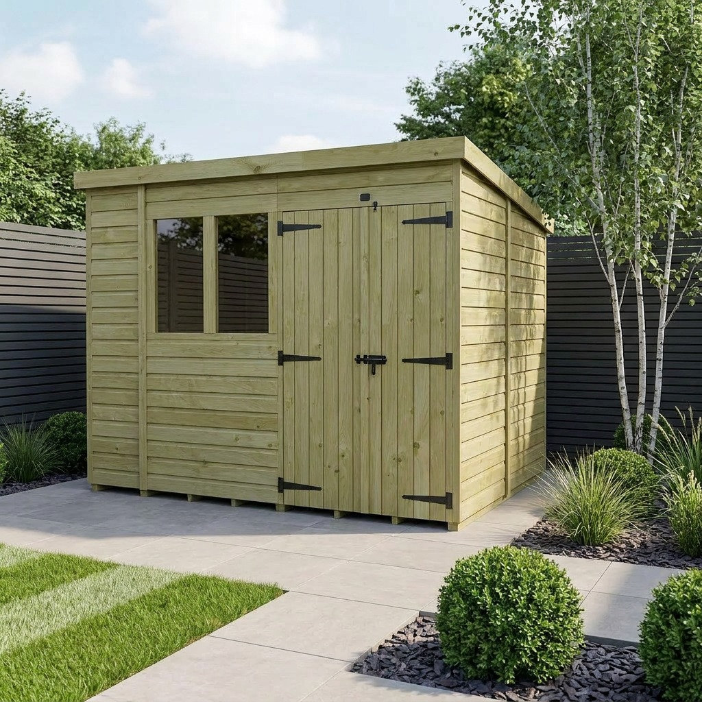 Total Sheds 11ft x 6ft Pent Garden Shed - Double Door - With Windows - Pressure Treated Timber - UK Manufactured