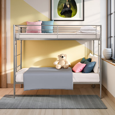 Lit superposé simple au-dessus d'un lit simple en métal argenté - Structure en acier robuste, limite de poids de 250/350 lb, aucun sommier nécessaire, assemblage facile avec instructions / outils, conception moderne peu encombrante pour la chambre des enfants