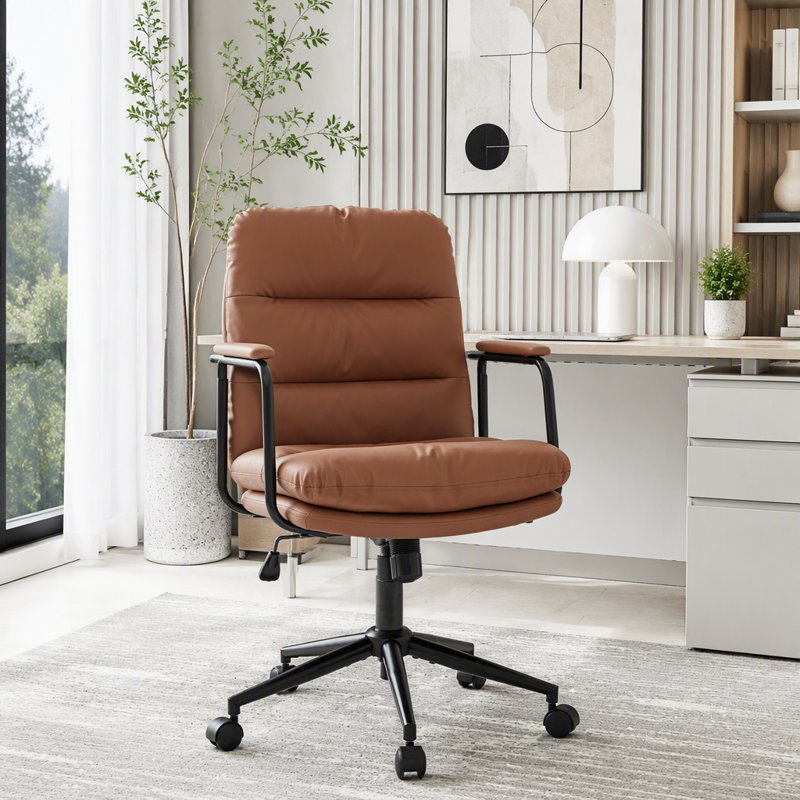 Chaise de bureau ergonomique à dossier moyen avec inclinaison à 40 °, Brown Faux Leather