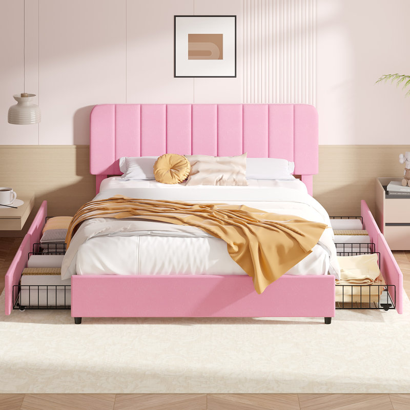 Huntsville 4-Drawer Velvet Upholstered Platform Bed, Full, Pink