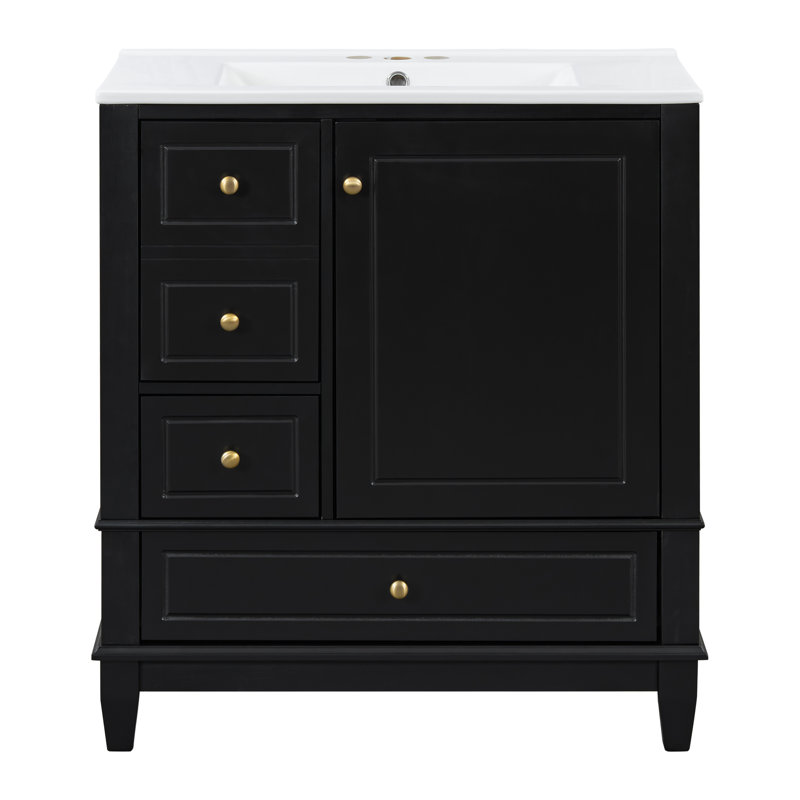 Meuble-lavabo avec lavabo, tablette et tiroirs, Noir, Doré