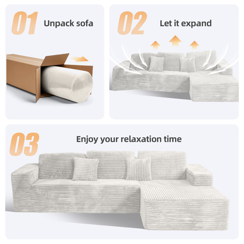 Boneless 104" W Beige Corduroy Upholstered Modular Sectional Sofa with 5 Pillows, 2-Piece Convertible Sleeper, No Assembly Required
