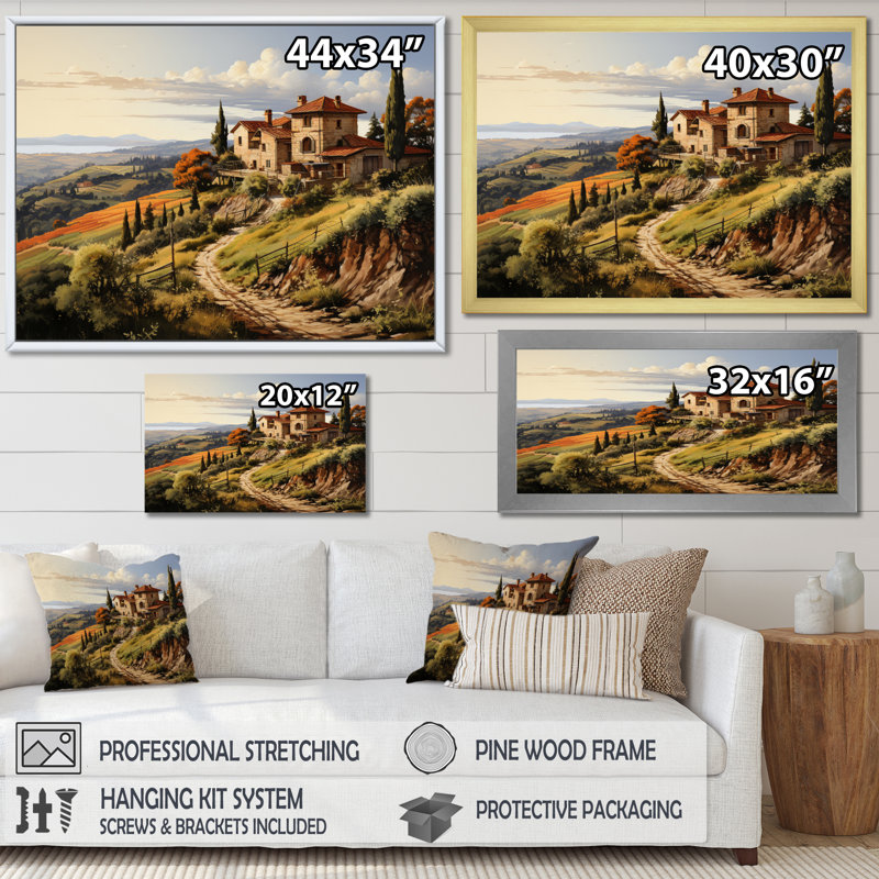 «Country Charm Tuscan Splendor», art mural campagne, H 30 po x l 40 po x P 1,5 po, Cadre simple blanc