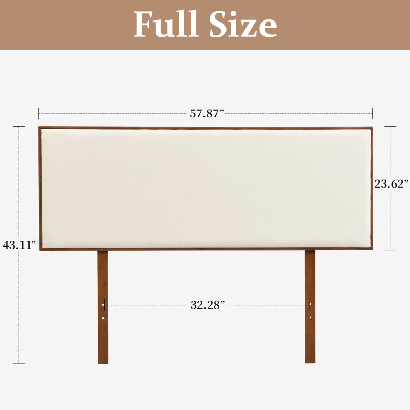 Full Size Adjustable Height Upholstered Headboard, Bamboo Wood Frame & Rectangle Linen Cushion, Full