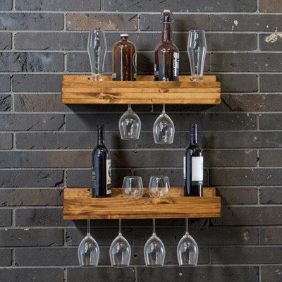 Set of 2 Wall Mounted Wine Racks with Side-Load Stemware Holder, Solid Wood Floating Shelves with Glass Storage, 24 inch Light Walnut