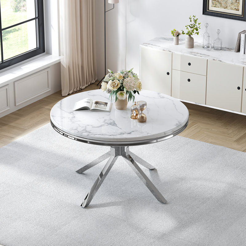 Luxurious Round Dining Table For 4-6 People,46.85”Faux Marble Top With Mirrored Stainless Steel Nest-Shape X Base, White