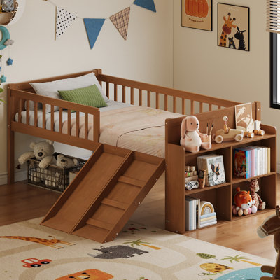 Twin Low Loft Bed Frame with Slide and Ladder, Kids Wooden Cabin Bedstead with Built-in Bookcase Storage Shelves, Full-Length Safety Guardrails, No Box Spring Needed