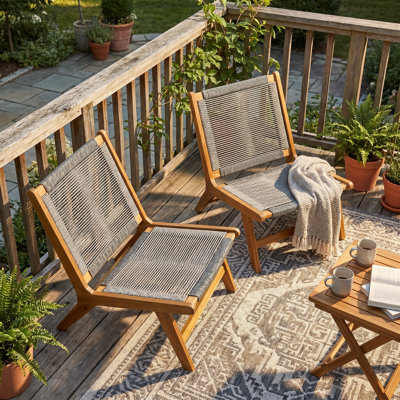 Iver Modern Coastal Patio Accent Chairs with Handwoven Rope and Acacia Wood Frame, Low-Profile Design