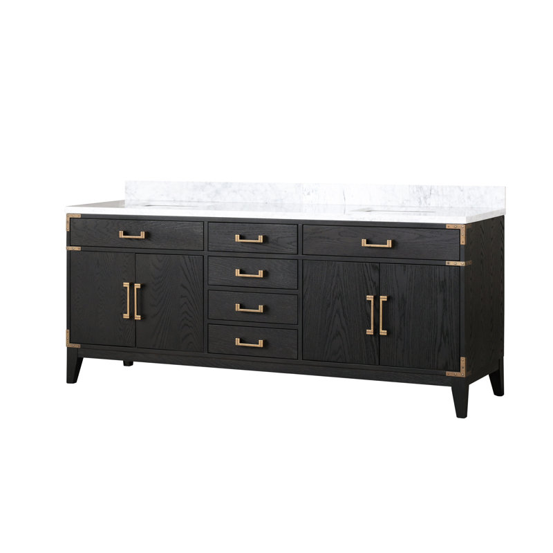Laurel 80 in W x 22 in D  Double Bath Vanity Top, White Carrara Marble, Black Oak