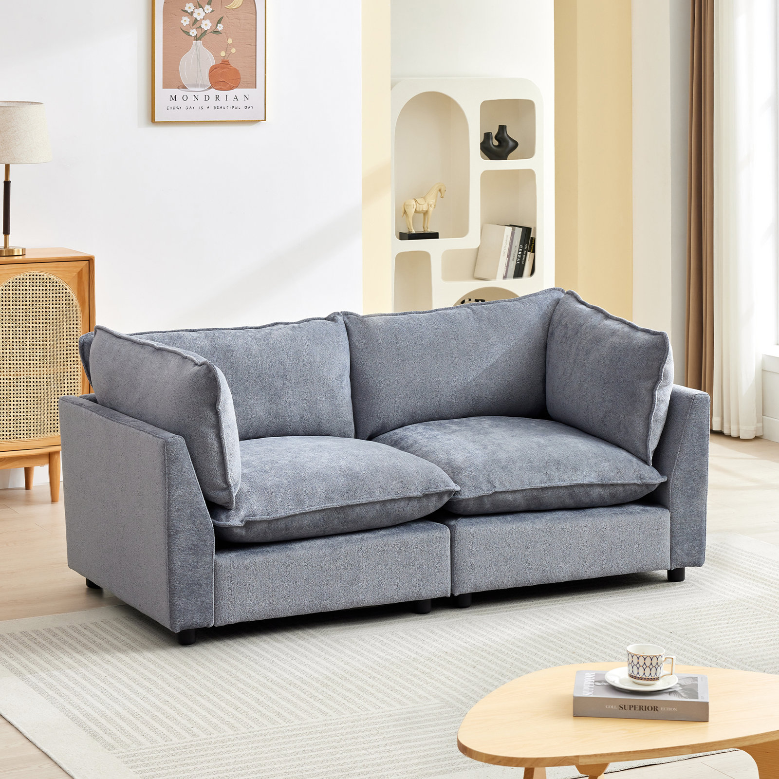 Eagan 75" Modular Loveseat, Blue Gray Chenille