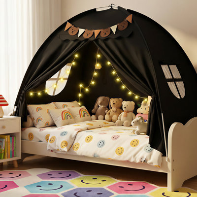 Tente de lit double, tente de lit superposé à auvent avec lumières et drapeaux, tente de sommeil respirante, maisonnette de jeu Dream Space