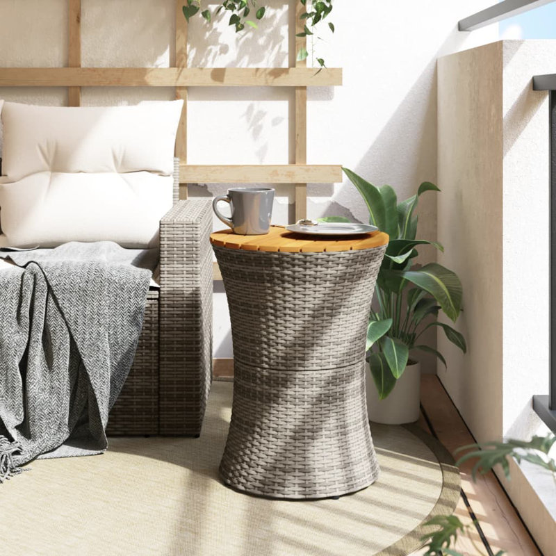 Table d'appoint de patio en forme de tambour en poly rotin et bois massif, Gris