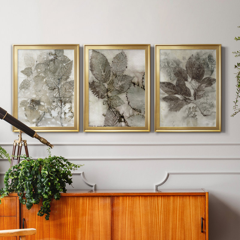 Birch Leaves I - Ensemble de 3 peintures sur toile encadrées, H 18,5 po x l 73,5 po x P 1,5 po, Doré
