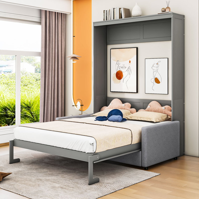 Lit escamotable mural en bois avec canapé, Grand, gris
