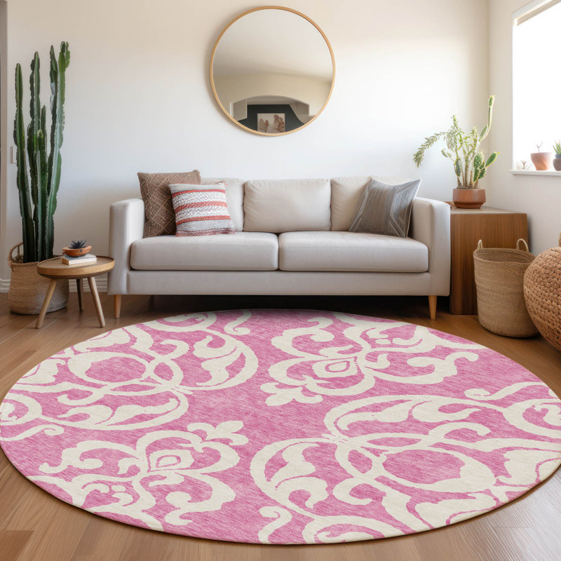 Tapis rosé de qualité supérieure lavable à la machine Prisco, Rond 8 pi