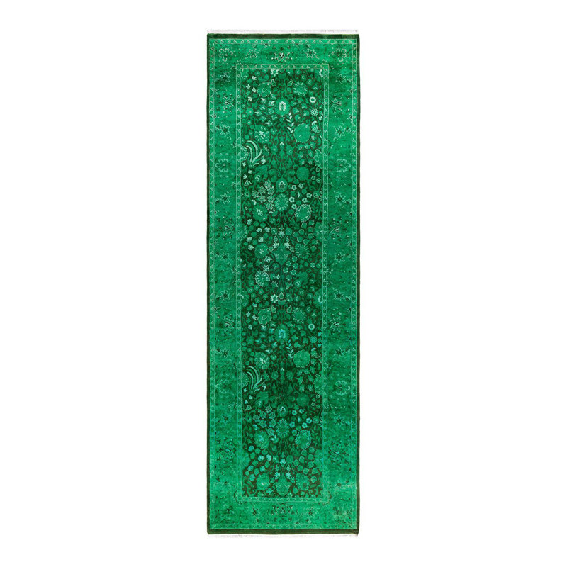 Hand-Knotted Green and Black Wool Runner Rug 2'7" x 8'10"