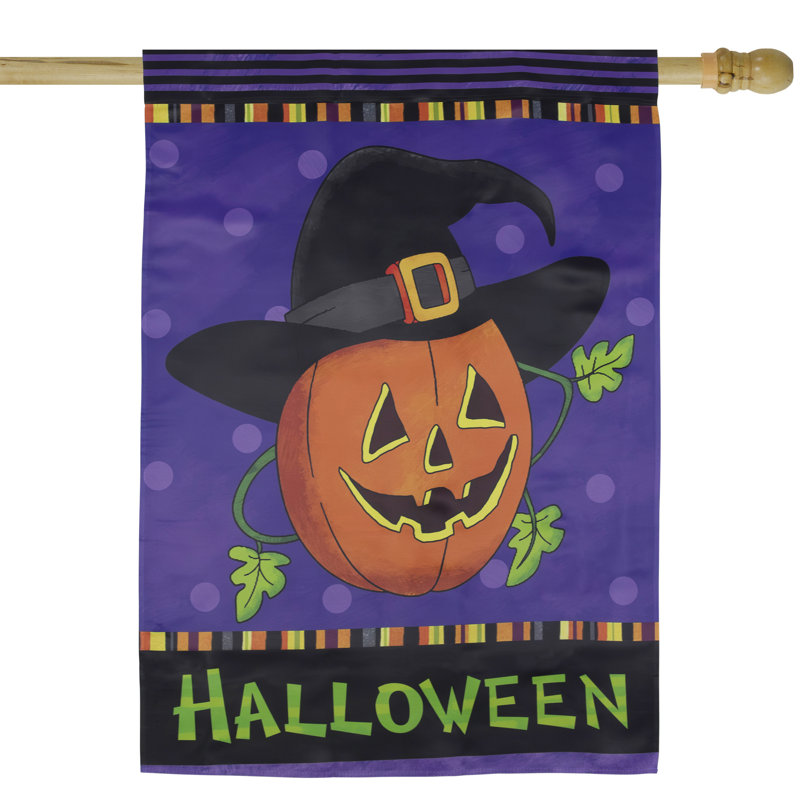 Drapeau de jardin citrouille dans un chapeau de sorcière, H 40 po x l 28 po
