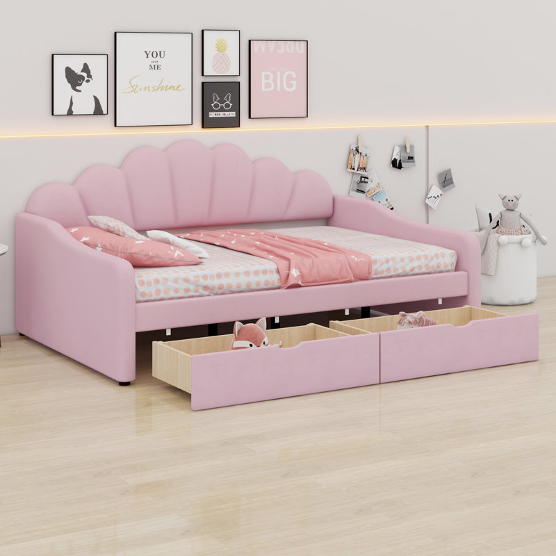 Shell‑Back Upholstered Daybed Frame With Two Convenient Storage Drawers, Pink