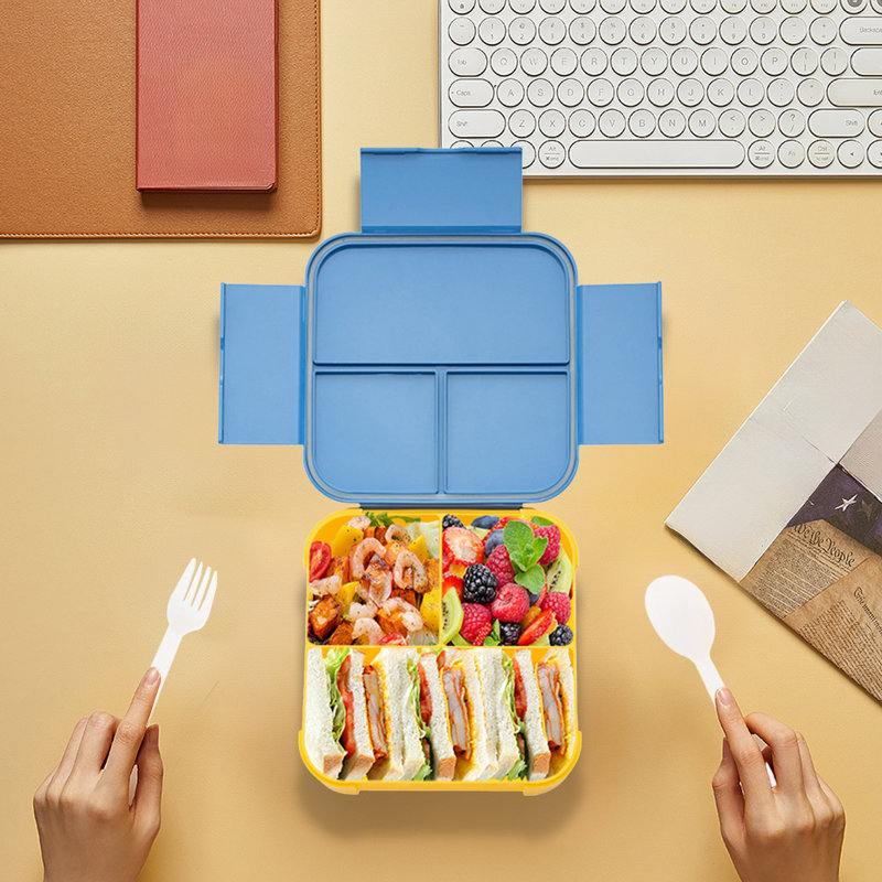 Boîte à lunch en plastique à couvercle rabattable pour étudiant, Bleu