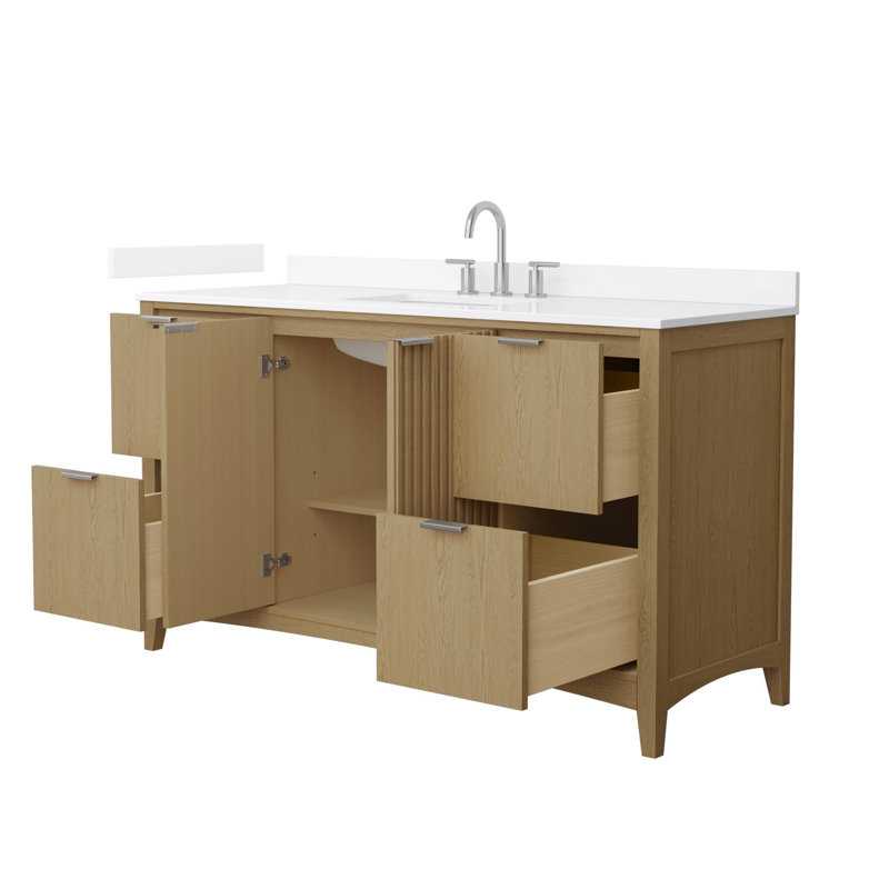 Palmilla 48" Freestanding Single Bathroom Vanity with Quartz Top, Beige / Brushed Nickel, White Quartz, 60"