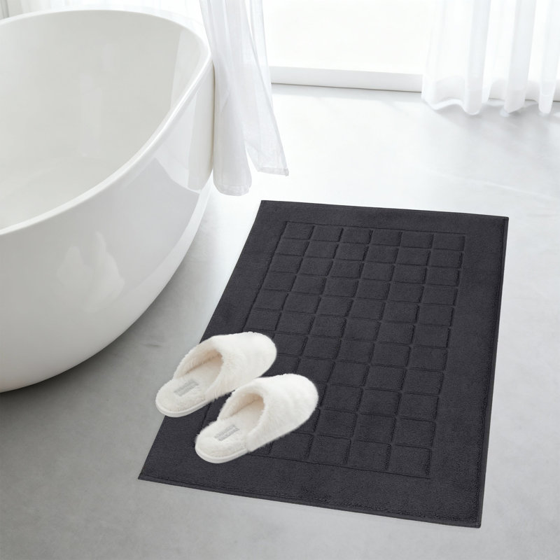 100% Cotton Thick & Absorbent Reversible Checkered Bath Mats - Set Of 2, Black