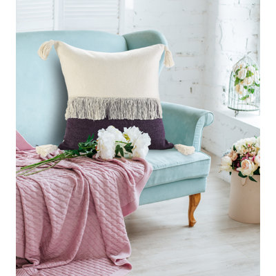 Contemporary Color Block Fringed 100% Cotton Decorative Throw Pillow