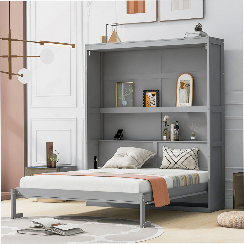 Grand lit escamotable avec tablettes, lit mural peu encombrant pour des pièces polyvalentes et un confort maximal, Gris