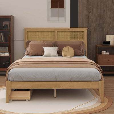 Structure de lit en bois d'hévéa avec deux tiroirs de rangement intégrés