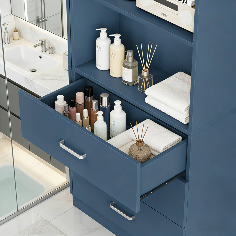 Armoire de salle de bain autoportante 70,9 po avec 3 tiroirs, Bleu