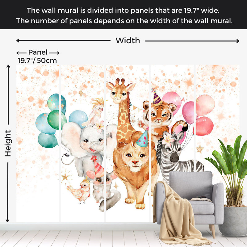 Papier peint pour enfants - Animaux heureux, L 68 po x l 98 po