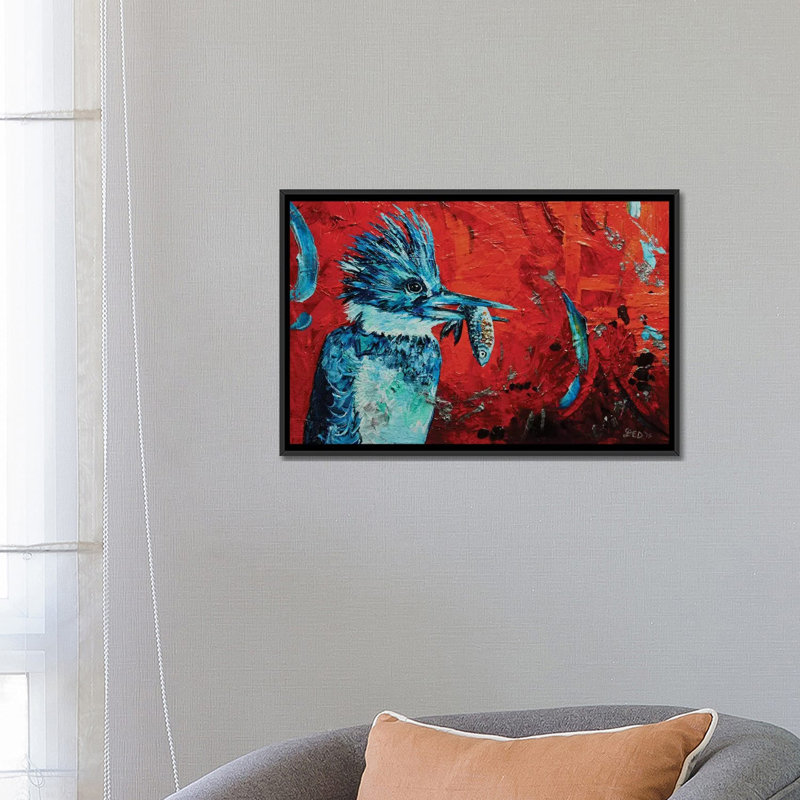 « kingfisher », reproduction sur toile, H 18 po x l 26 po x P 1,5 po, Toile avec cadre noir, Pas de tapis