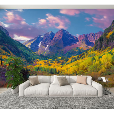 Peel and Stick Wallpaper Maroon Bells autumn aspen trees lake Wall Murals 100"H x 144"W Removable PVC Wall Paper Self-Adhesive Wall Paintings Art Decor for Bedroom Living Room
