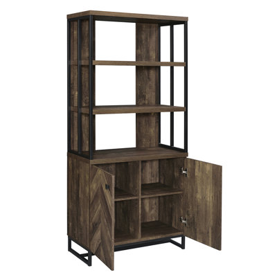 Rustic Herringbone Bookcase With 2-Door Storage And Dark Oak Industrial Style Finish