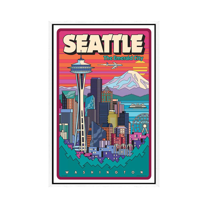 Seattle Pop Art Travel by Jim Zahniser - Print on Canvas, 66.04 cm H x 45.72 cm W, White Framed